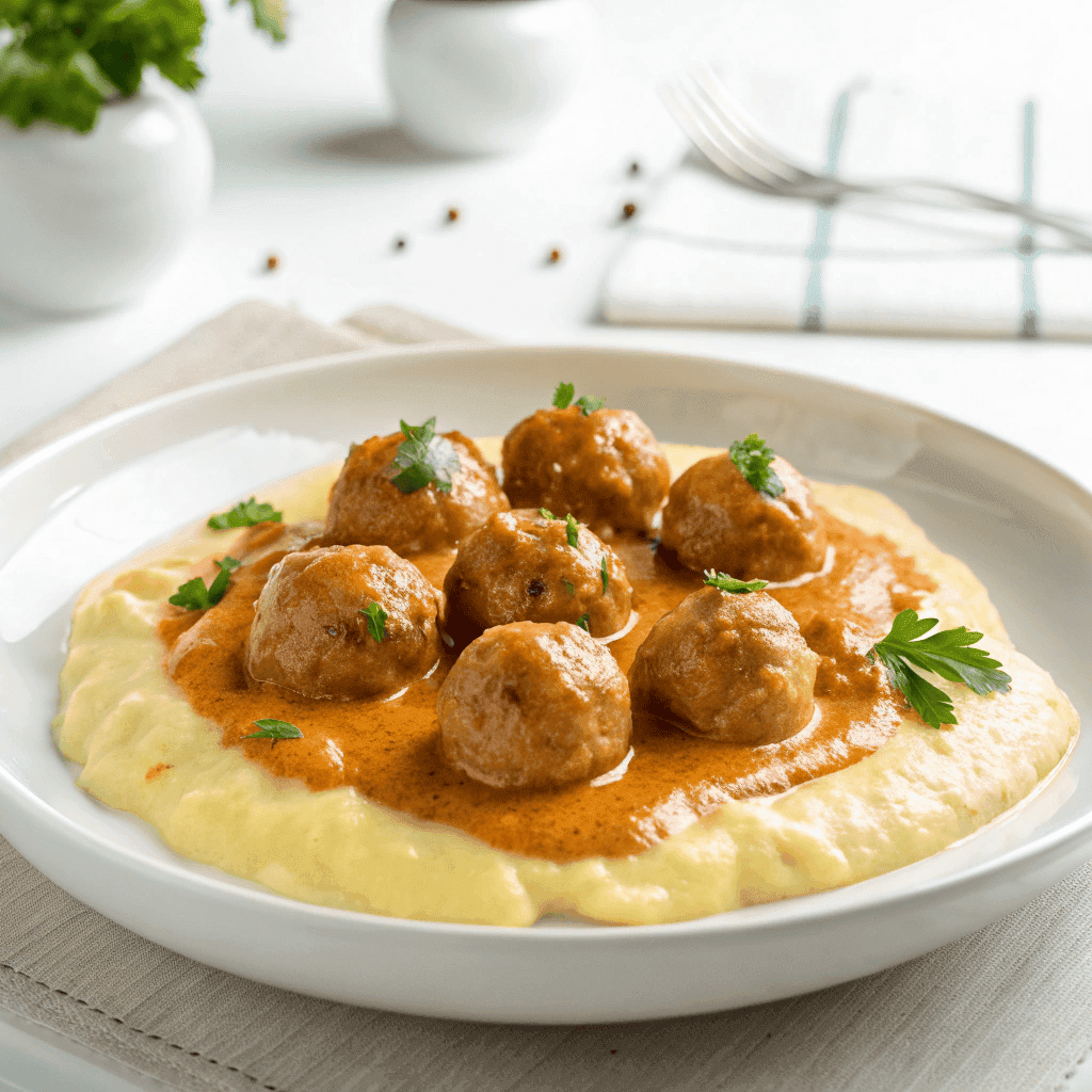 Creamy homemade meatballs served on a white plate with mashed potatoes and rich cream sauce.