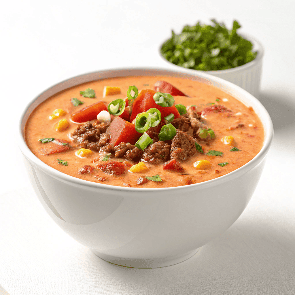 Creamy cowboy soup served in a white bowl with ground beef, vegetables, and smooth creamy broth.