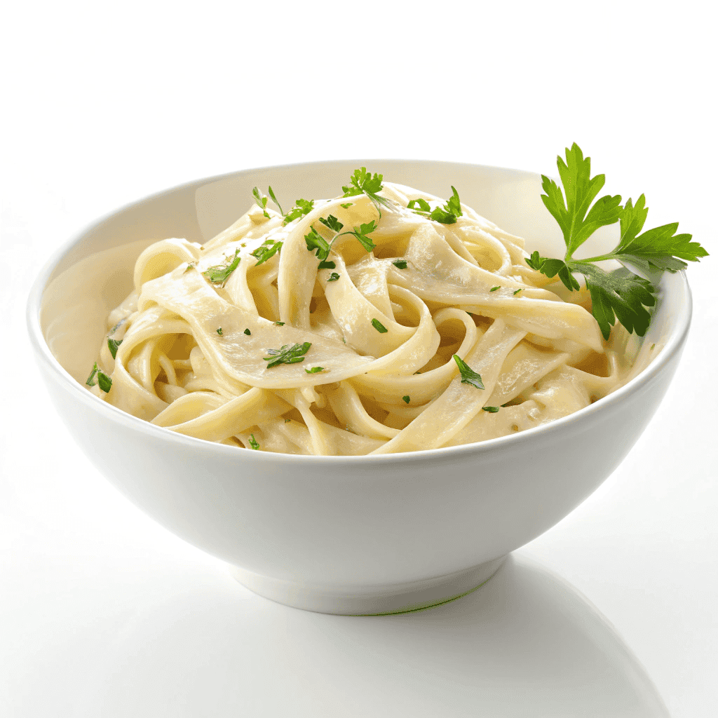 Creamy oat milk alfredo pasta served in a white bowl with smooth sauce and parsley.