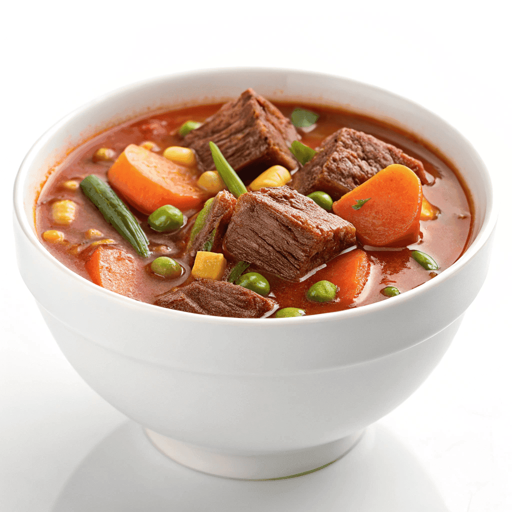 Old-fashioned vegetable beef soup served in a white bowl with hearty beef chunks and mixed vegetables in tomato broth.