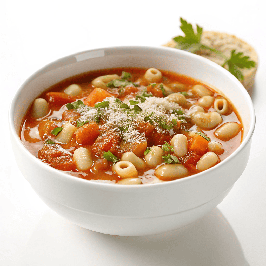 Pasta fagioli soup served in a white bowl with ditalini pasta, beans, tomato broth, and grated cheese.