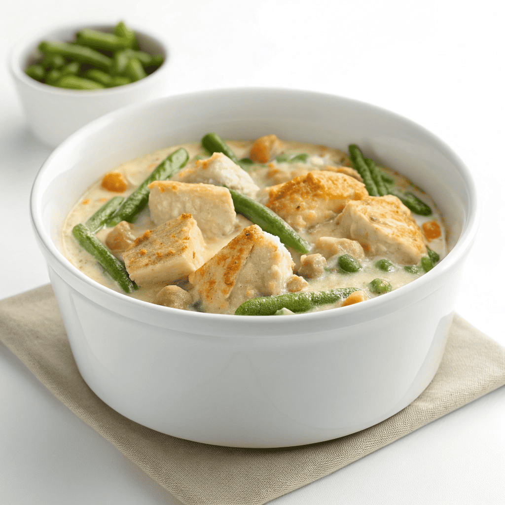 Creamy slow cooker chicken casserole served in a white bowl with green beans and crumb topping.