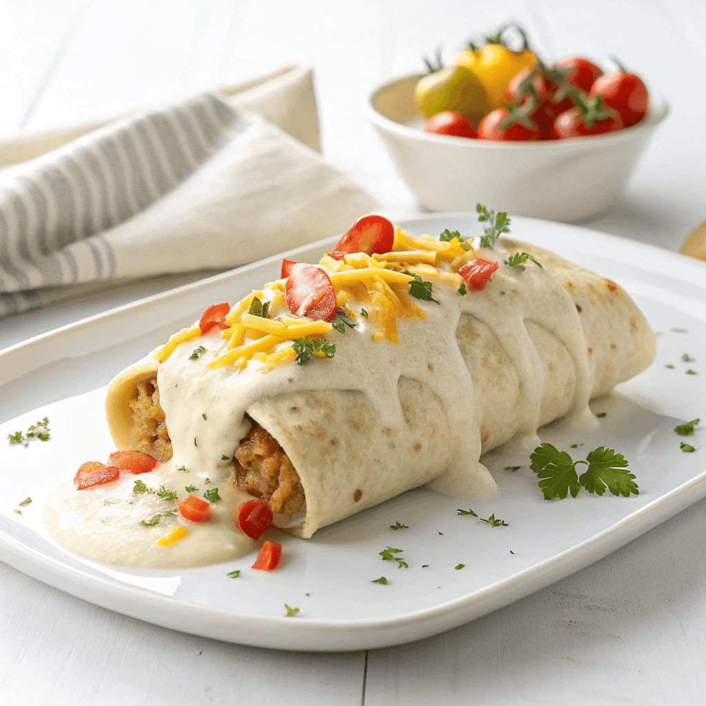 Smothered burrito served on a white plate with creamy sauce, cheese, pico topping, and cilantro.