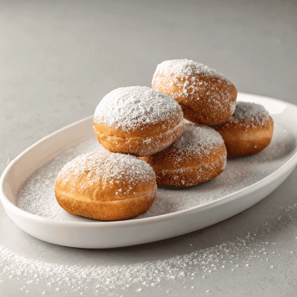 Vanilla French beignets covered in powdered sugar served on a white plate