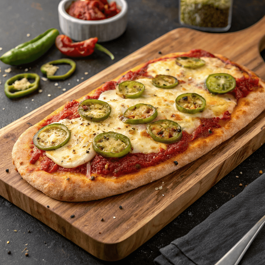 Hero shot of hot honey flatbread pizza with pepperoni, jalapeños, olives, melted cheese, and honey drizzle on a wooden board.