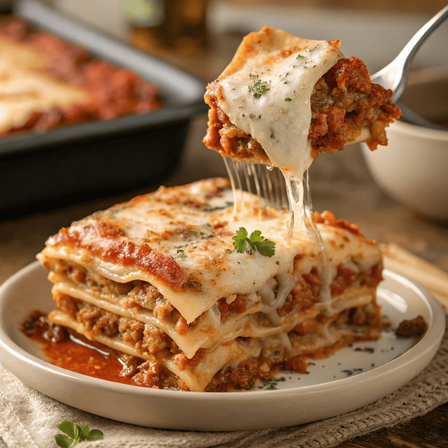 Maggiano’s style lasagna slice with melted cheese and layered meat sauce close-up.
