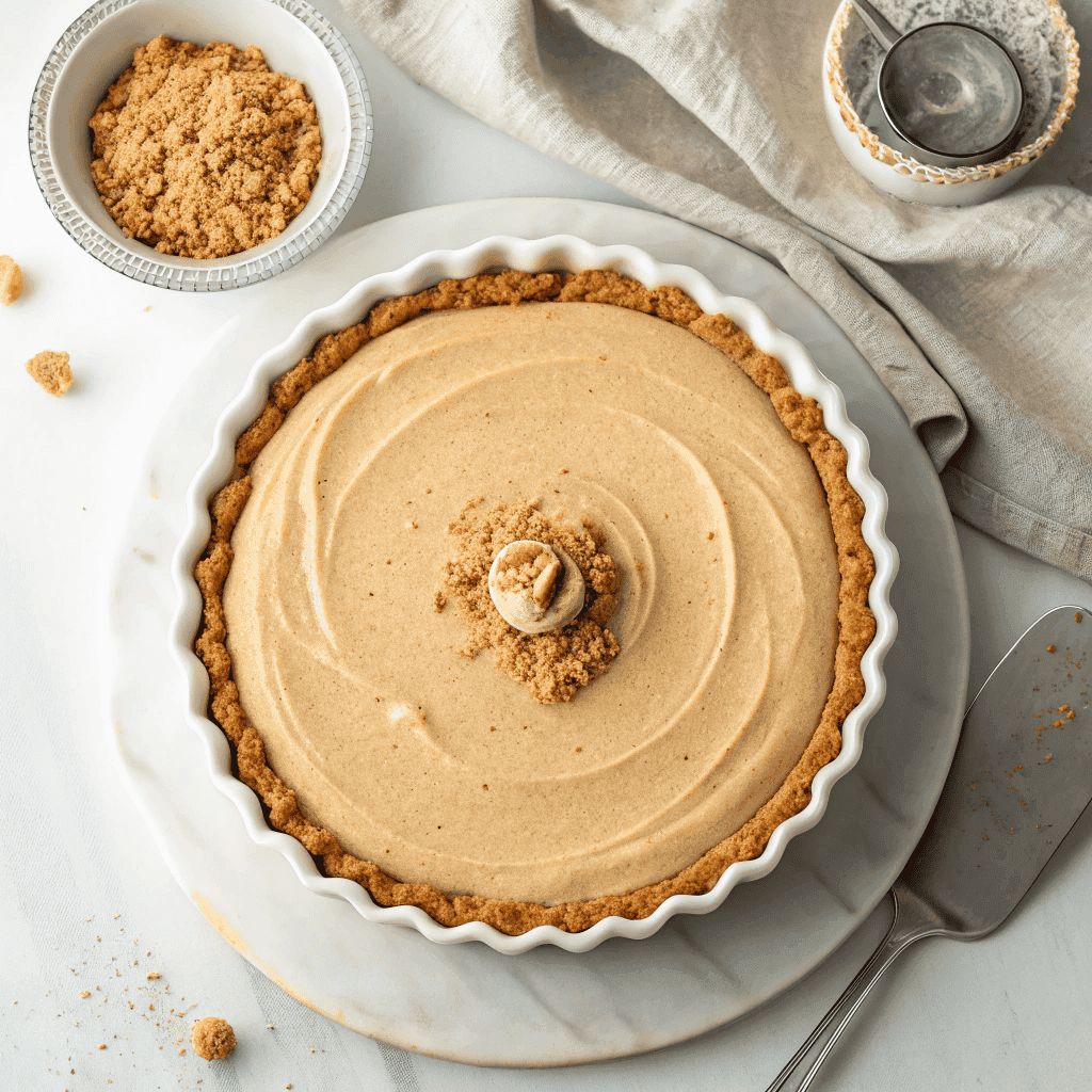 Top-down view of a no bake cookie butter cheesecake with smooth creamy filling, golden cookie crust, and cookie crumb topping in a white dish.
