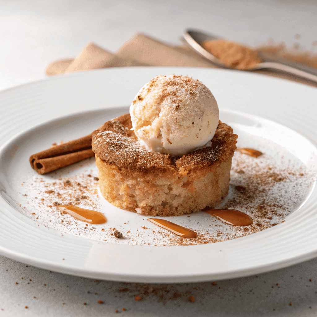 Snickerdoodle cobbler served on a white plate with vanilla ice cream and cinnamon sugar topping