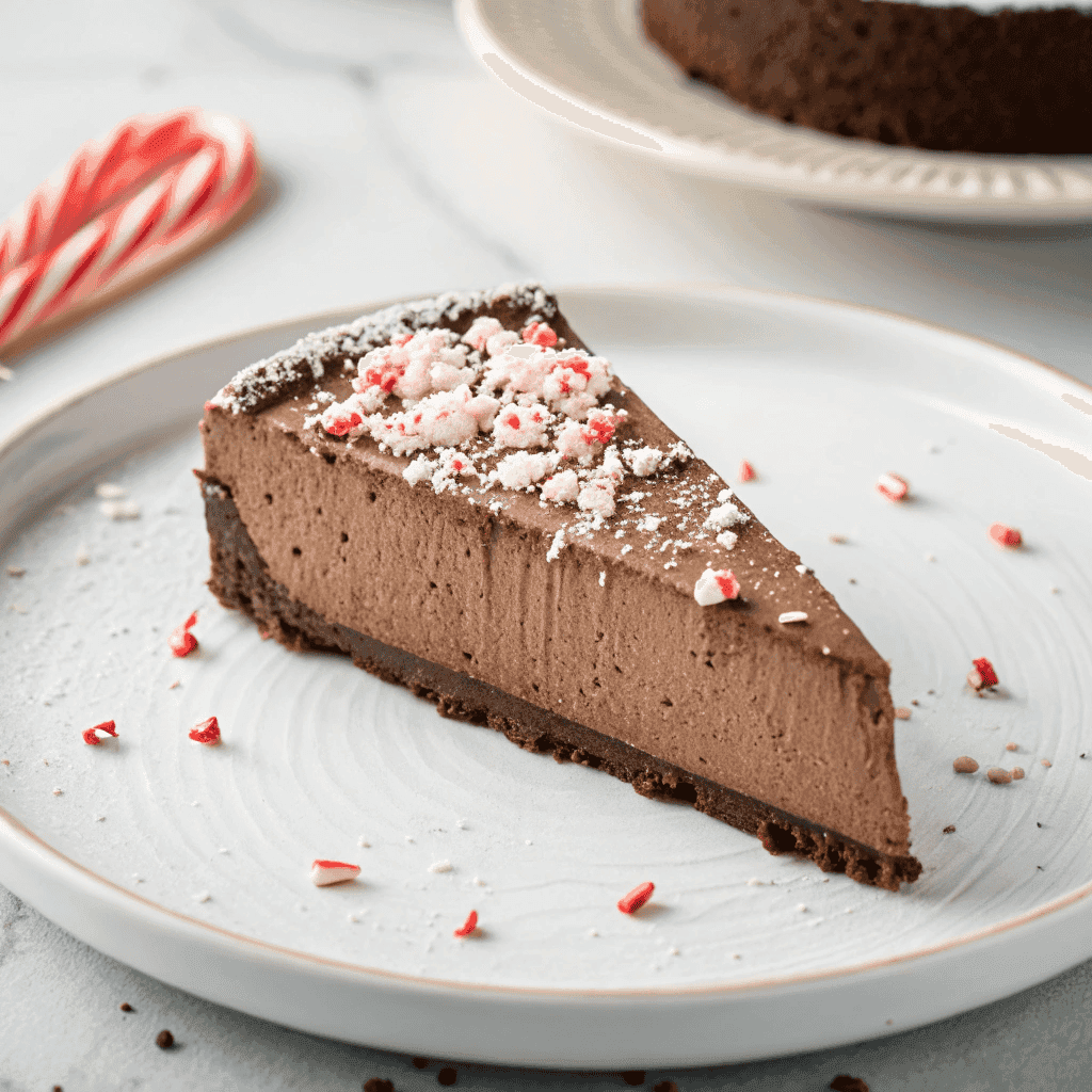 Slice of chocolate peppermint mousse pie with powdered sugar and crushed peppermint topping on a white plate