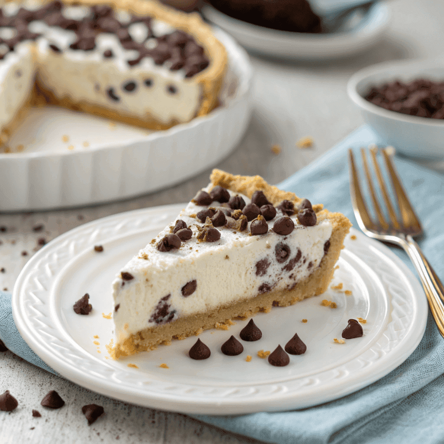 Slice of chocolate chip cannoli pie with creamy filling and graham cracker crust.