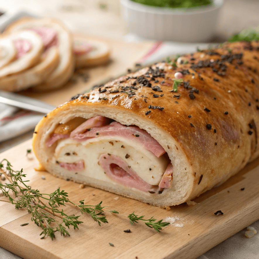 Chicken cordon bleu stromboli with golden crust and melted cheese filling close-up.