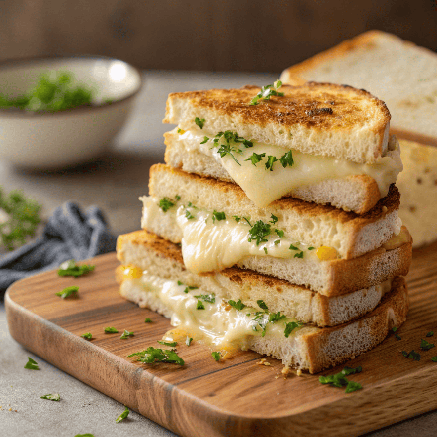 Stacked garlic bread grilled cheese with golden toasted bread, melted white cheese stretching, and parsley garnish in close hero view.