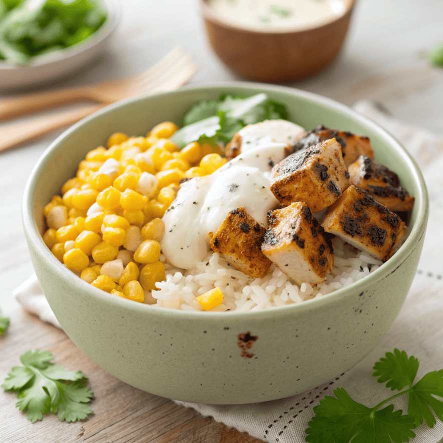Street corn chicken bowl with grilled chicken, white rice, creamy sauce, and corn in a ceramic bowl.
