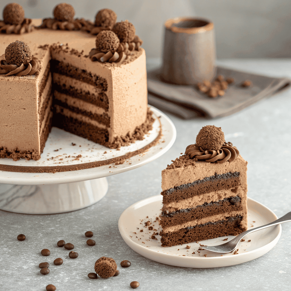 Hero shot of chocolate coffee cake with mocha buttercream layers and truffle topping