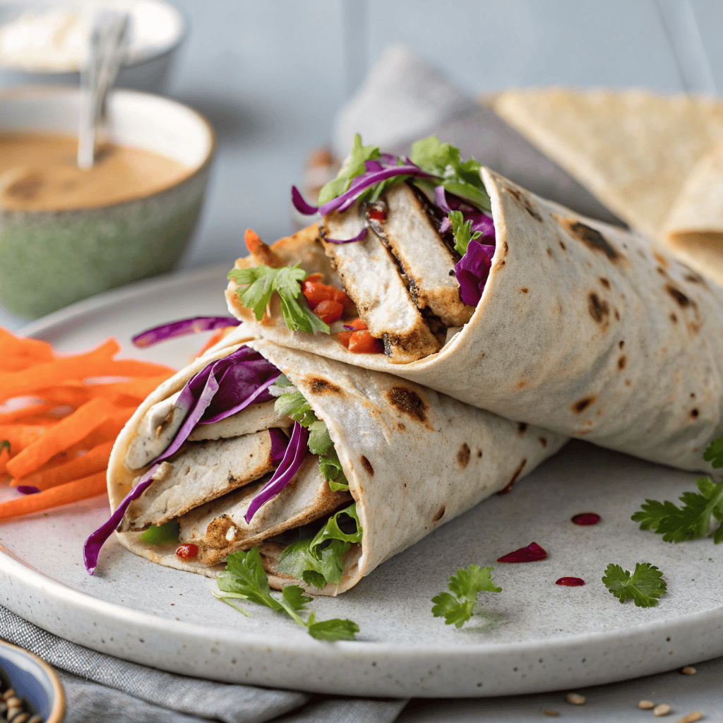 Close-up hero shot of a Thai chicken wrap with grilled chicken, purple cabbage, carrots, lettuce, and peanut sauce drizzle.