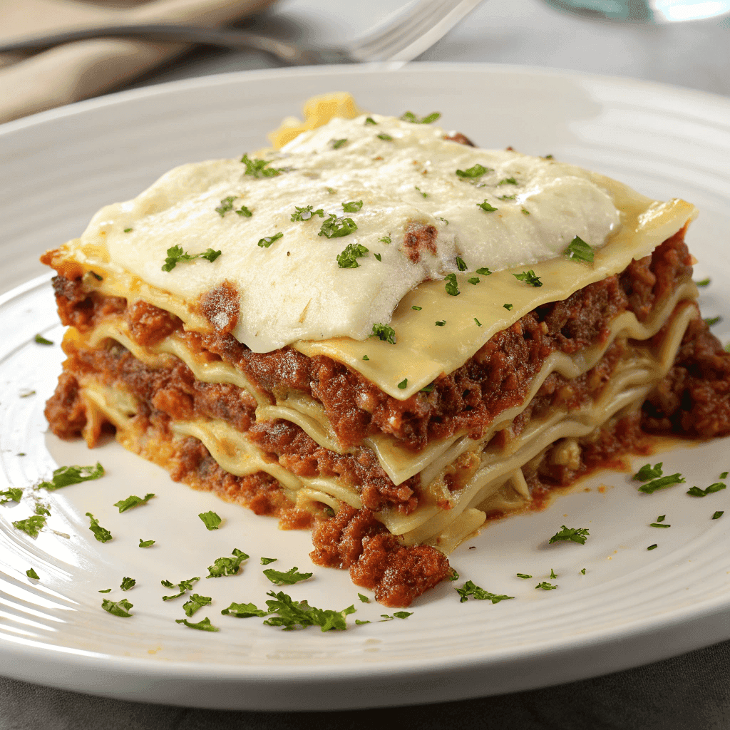 Hero shot of Million Dollar Lasagna with thick layers of meat sauce, pasta sheets, creamy cheese, and basil on a white plate.