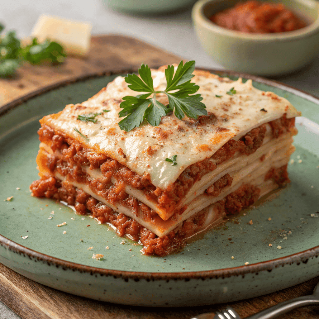 Hero shot of Sicilian lasagna with thick layers of pasta, rich meat sauce, melted cheese, and parsley garnish.