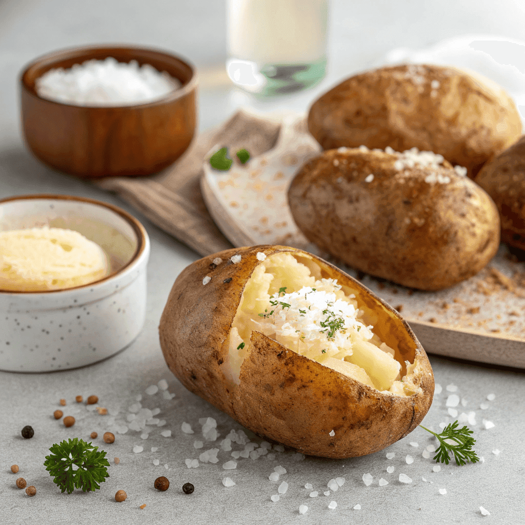 Hero shot of air fryer baked potato with crispy skin and melting butter