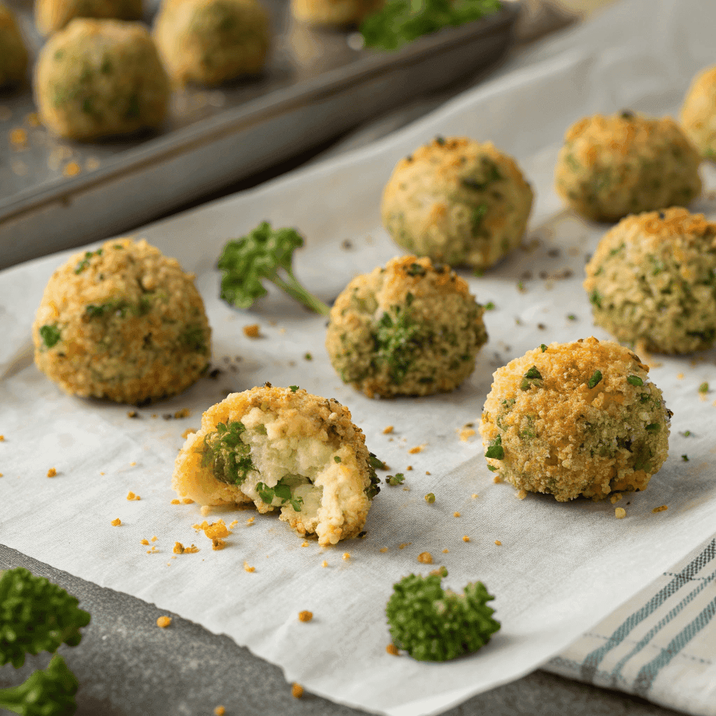 Crispy Air Fryer Broccoli Cheddar Poppers | Healthy Snack Recipe 3 Hero shot of air fryer broccoli cheddar poppers with golden crispy coating