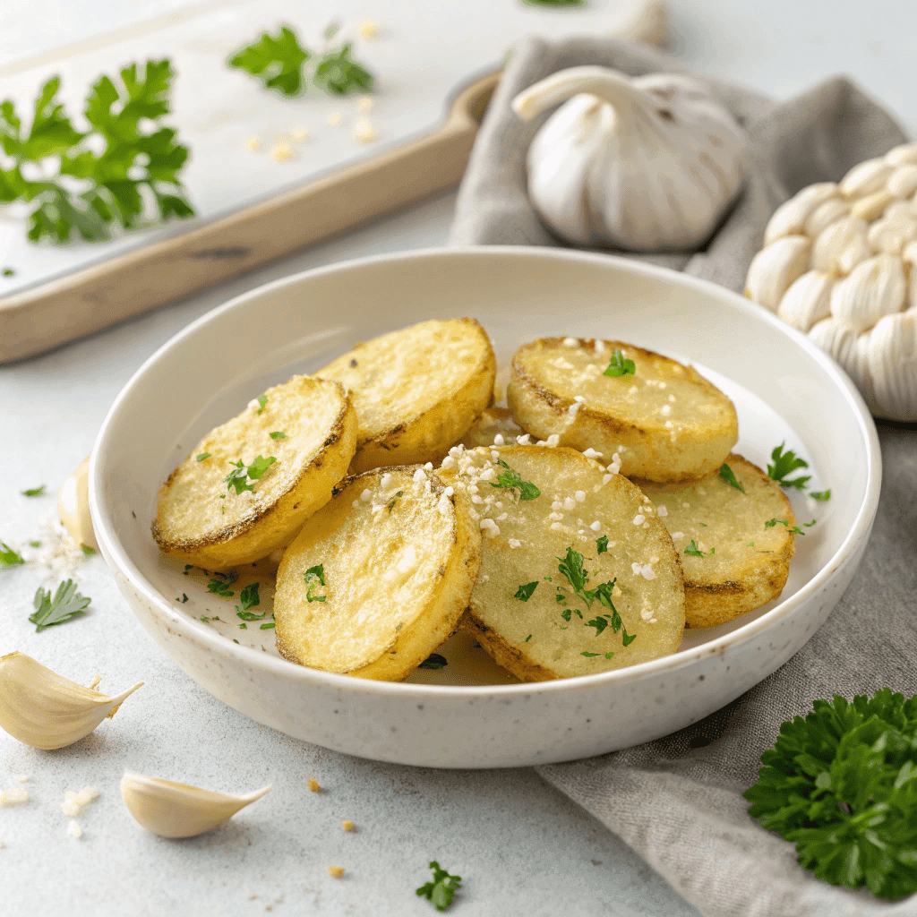 Garlic Parmesan potatoes on a white plate with crispy golden texture
