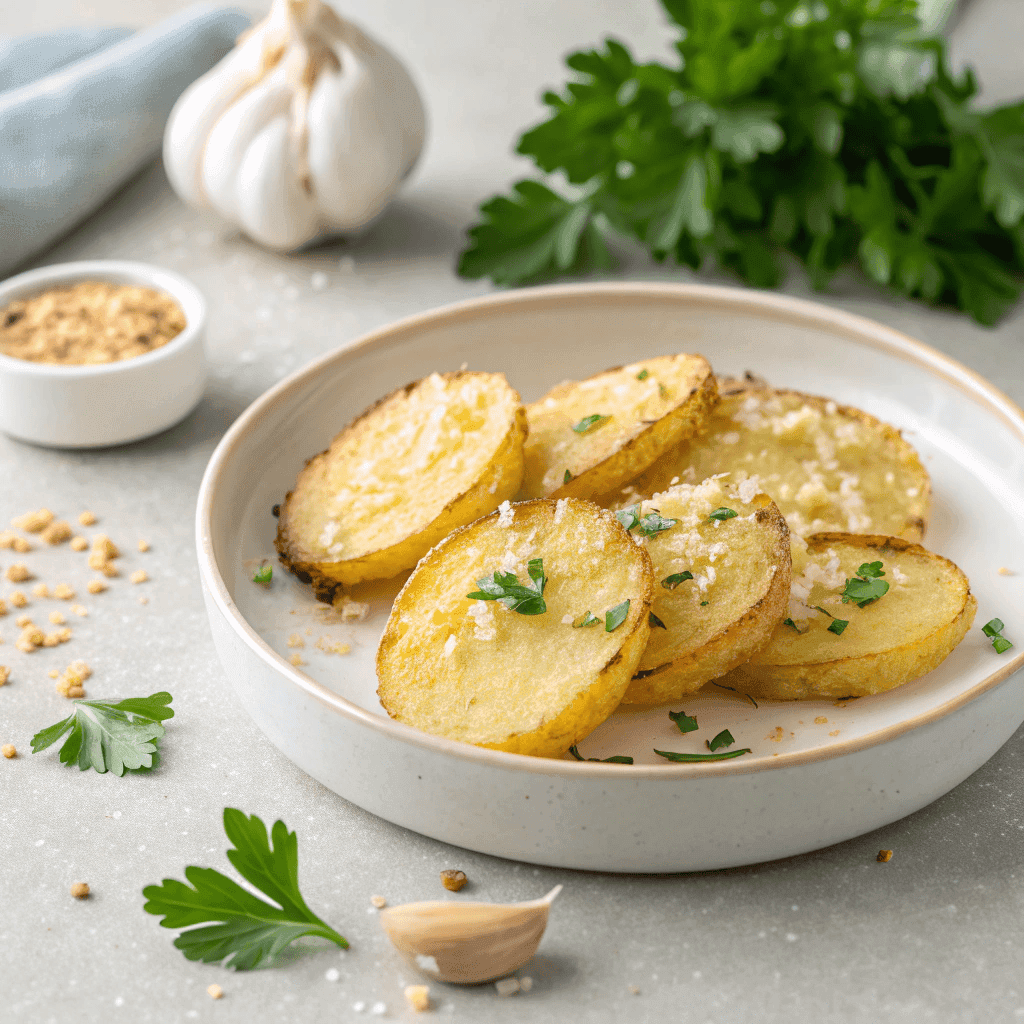 Full plate of air fryer garlic Parmesan potatoes with crispy skins and herbs