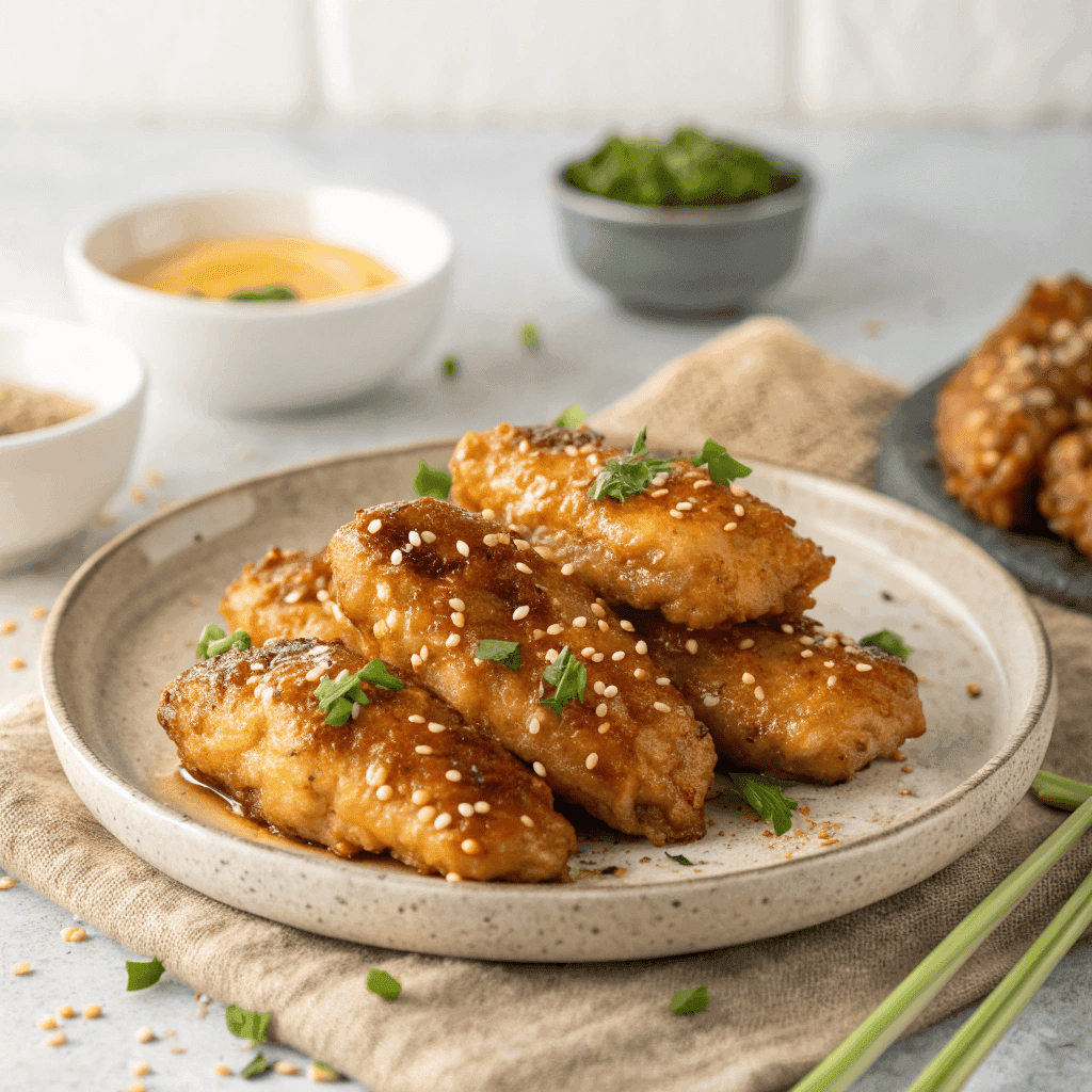 Honey butter garlic chicken tenders with glossy glaze on a clean background