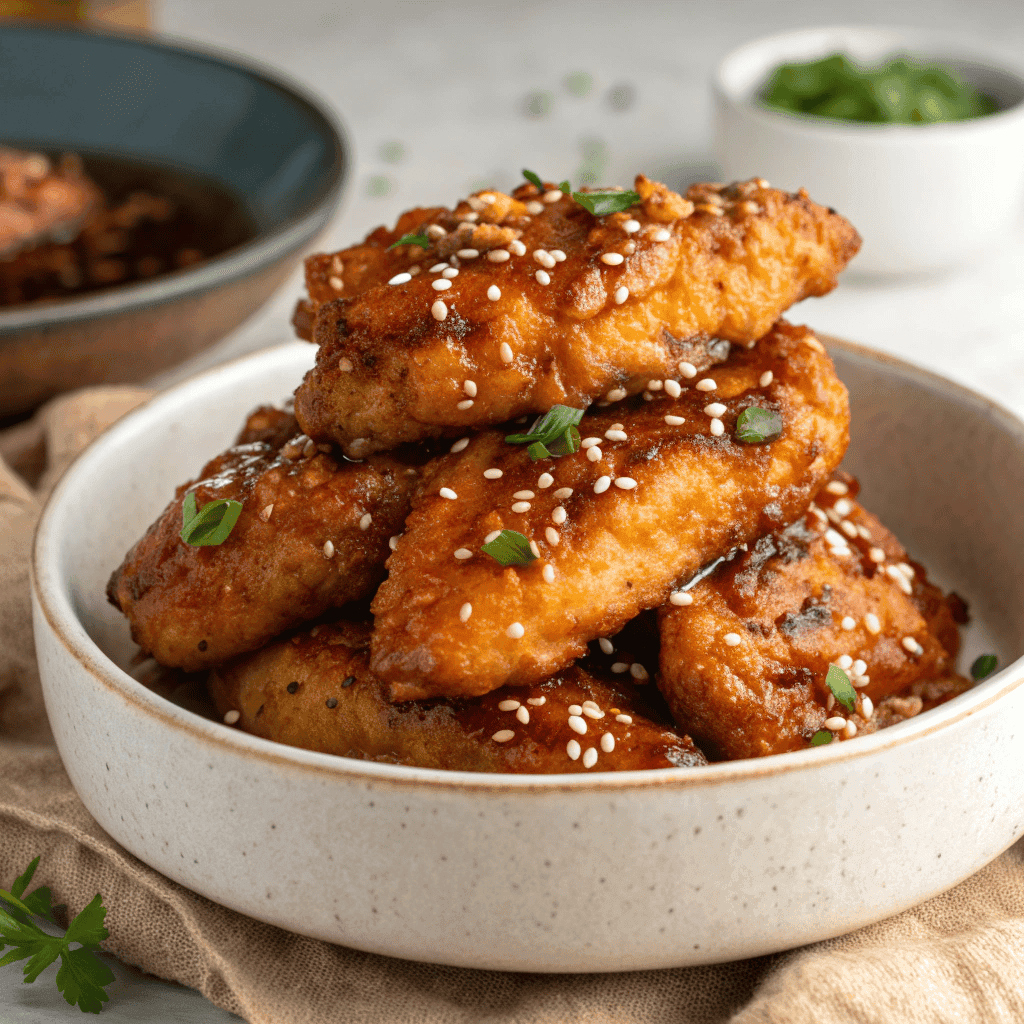 Hero shot of honey butter garlic chicken tenders with glossy caramelized glaze