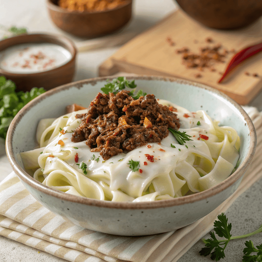 Arabic pasta with creamy white sauce and spiced minced meat served in a bowl.