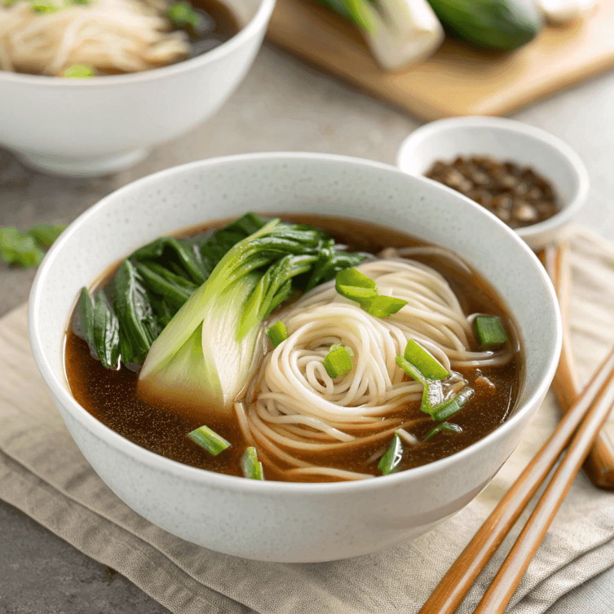 Baby bok choy soup with rice noodles in dark broth served in a white bowl.