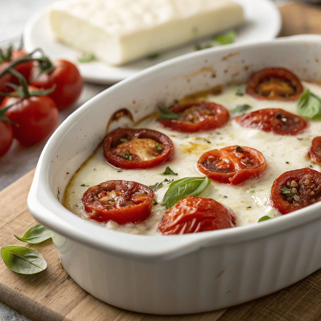 Hero shot of baked Caprese dip with roasted cherry tomatoes and fresh basil