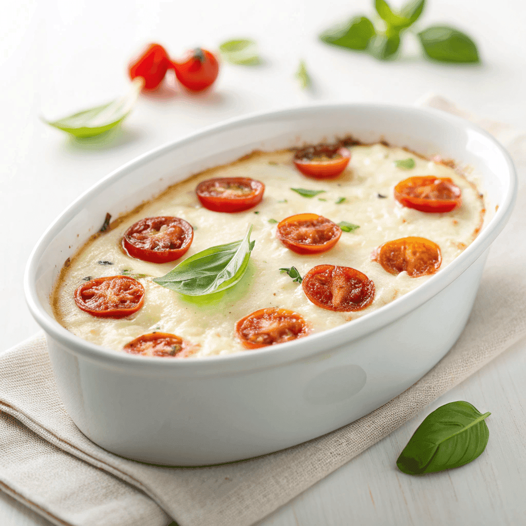 Caprese dip baked in a white dish with cherry tomatoes and basil