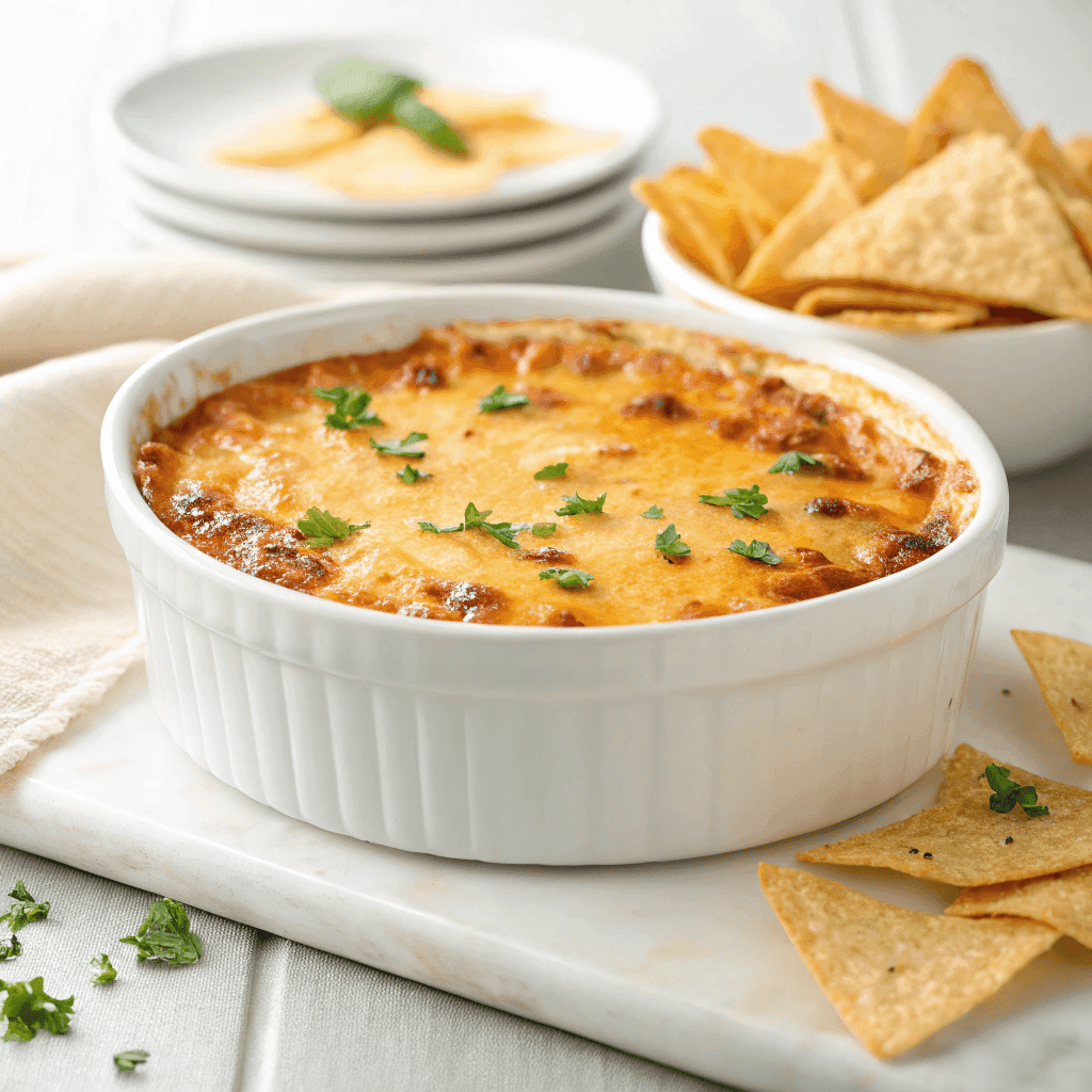 Chili cheese dip baked in a white dish with golden melted cheese topping
