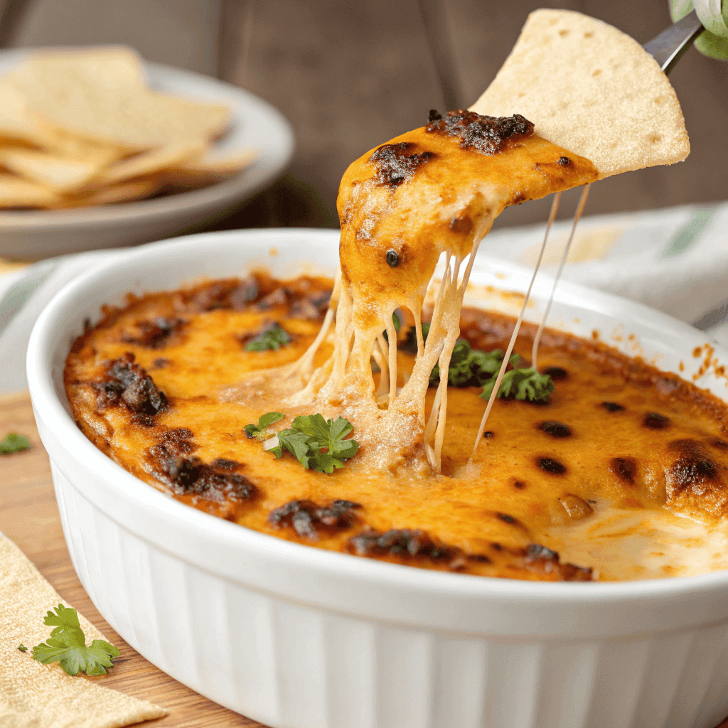 Close-up hero shot of baked chili cheese dip with melted cheese and stretchy cheese pull