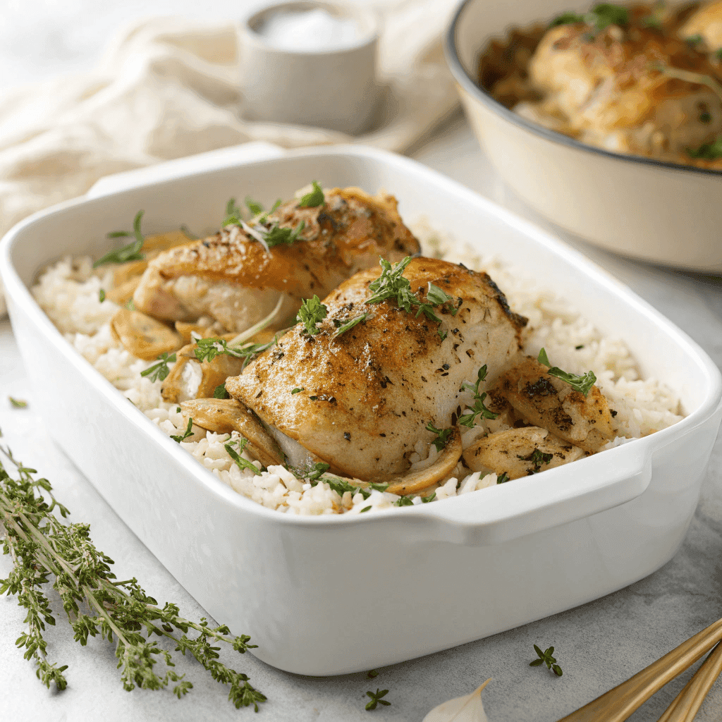 Savory Baked Herb Chicken Casserole | Creamy Comfort Bake 1 Baked herb chicken casserole in a white dish with golden crust