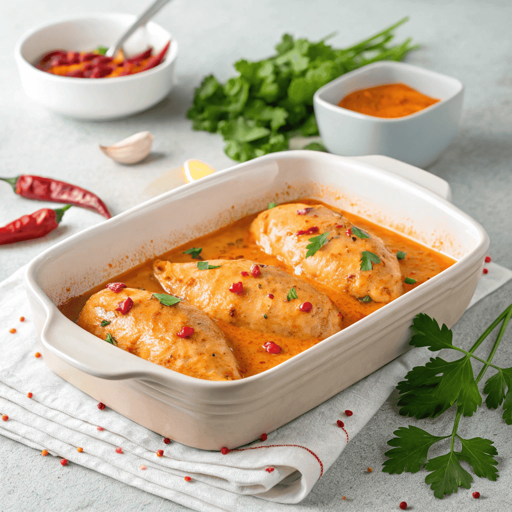 Bang bang chicken bake in a white dish with creamy orange sauce