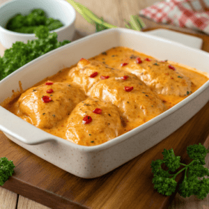 Hero shot of bang bang chicken bake with creamy orange sauce and parsley