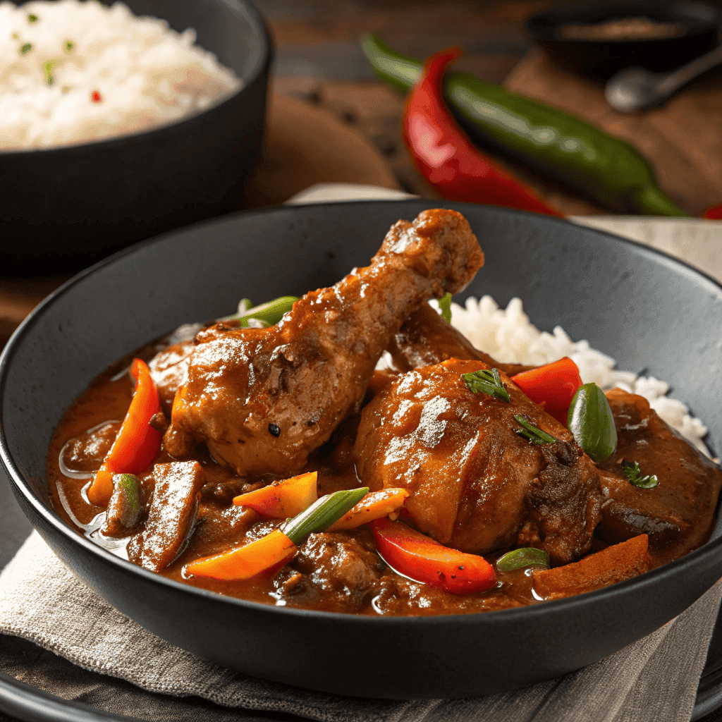 Jamaican Brown Stew Chicken (Rich, Smoky & Flavorful) 4 Brown stew chicken with glossy gravy, vegetables, and white rice in a dark bowl.