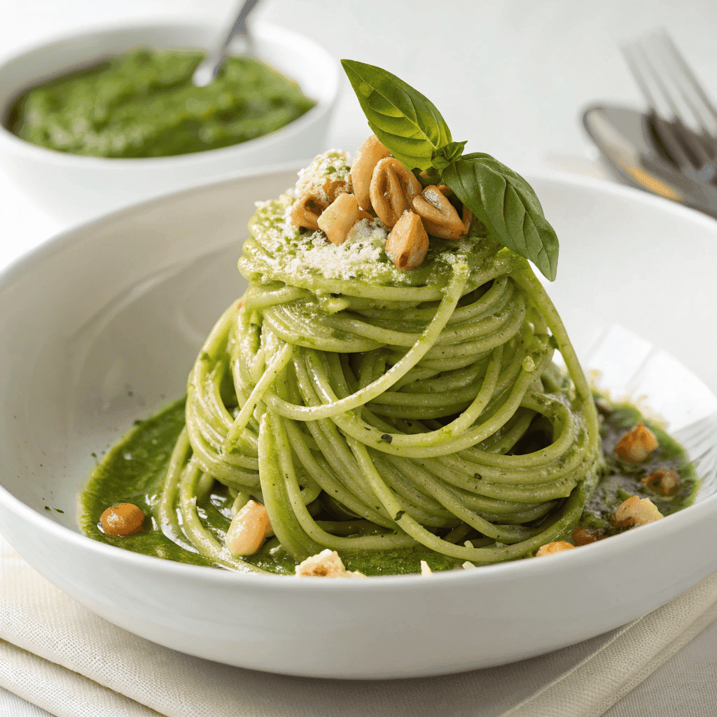 Green sauce bucatini pasta served neatly on a white bowl