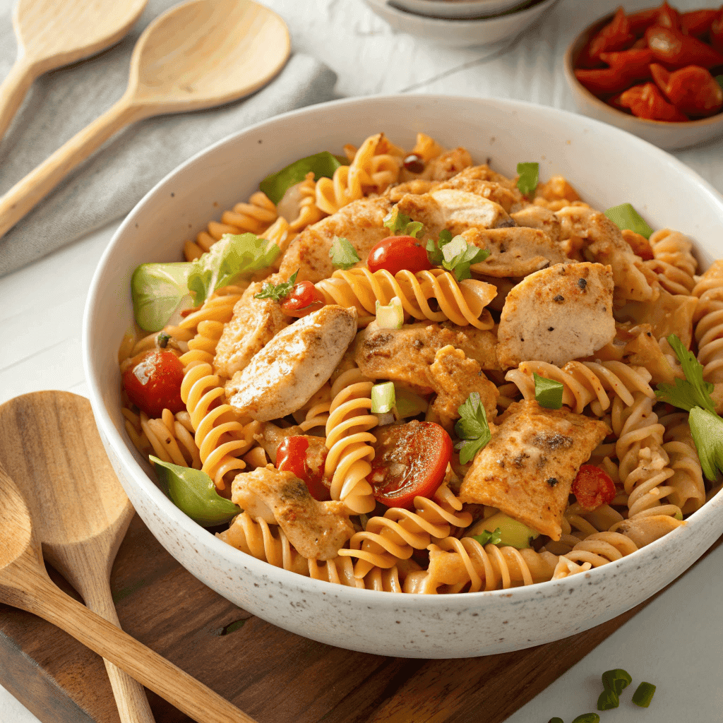 Overhead view of buffalo chicken pasta salad with rotini, creamy orange dressing, chicken, celery, and peppers.