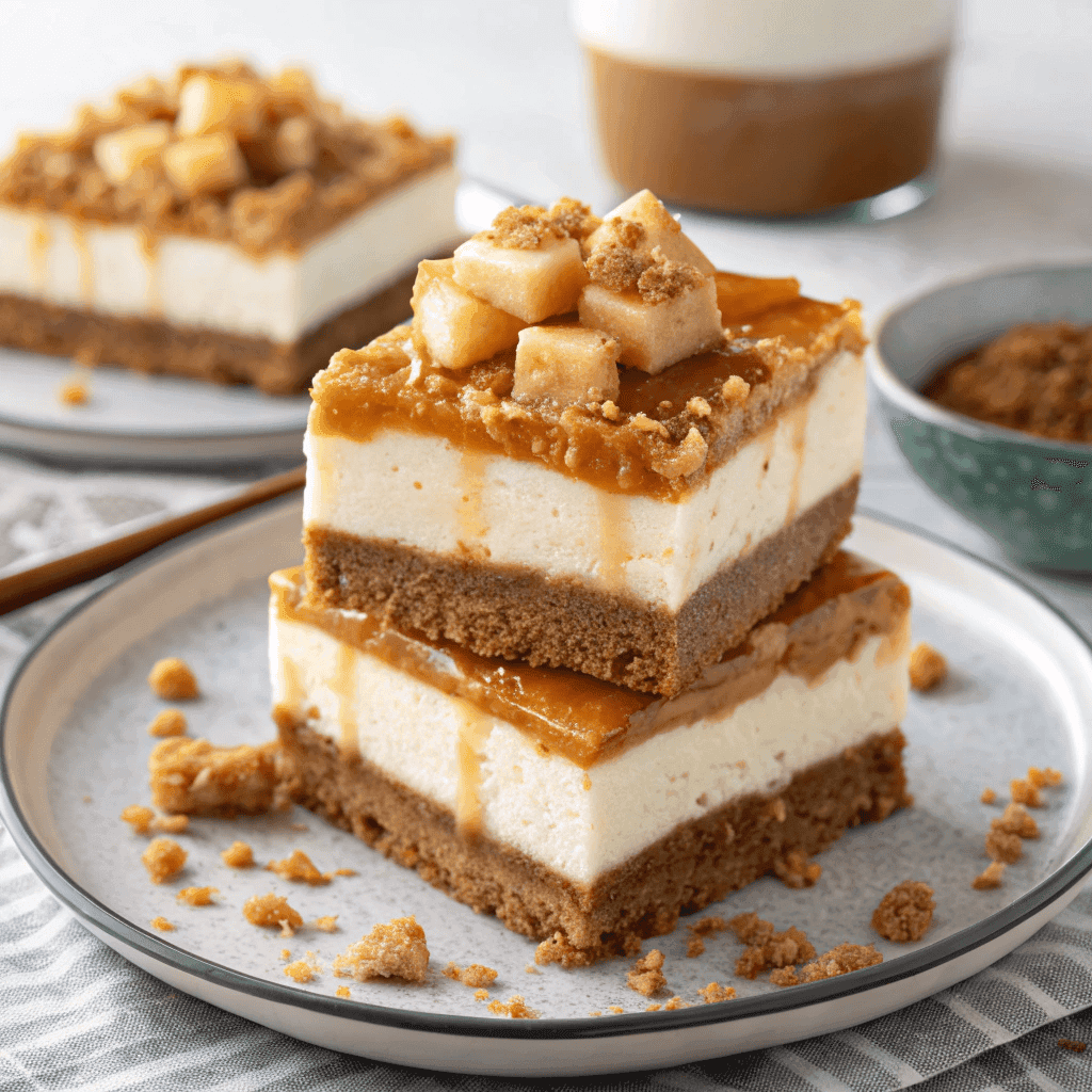 Stacked caramel apple cheesecake bars with creamy cheesecake layers, cookie crust, and caramel drizzle.
