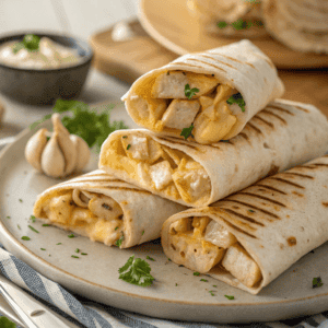 Hero shot of cheesy garlic chicken wraps with melted cheese and toasted tortillas