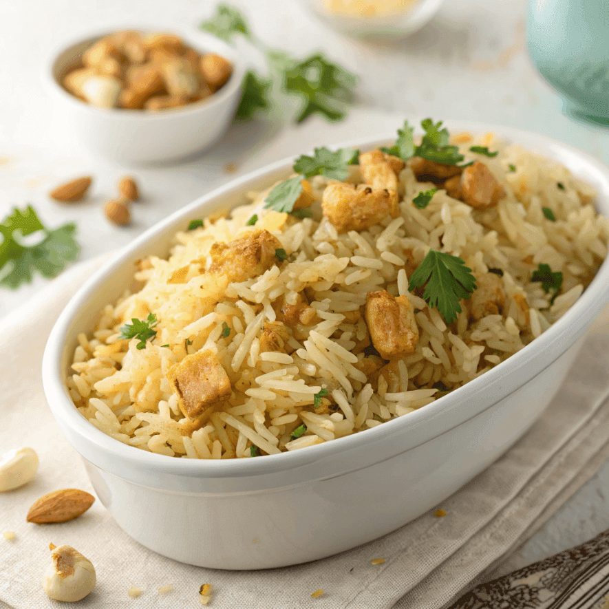 Golden chicken flavored rice with herbs served in a white ceramic dish.