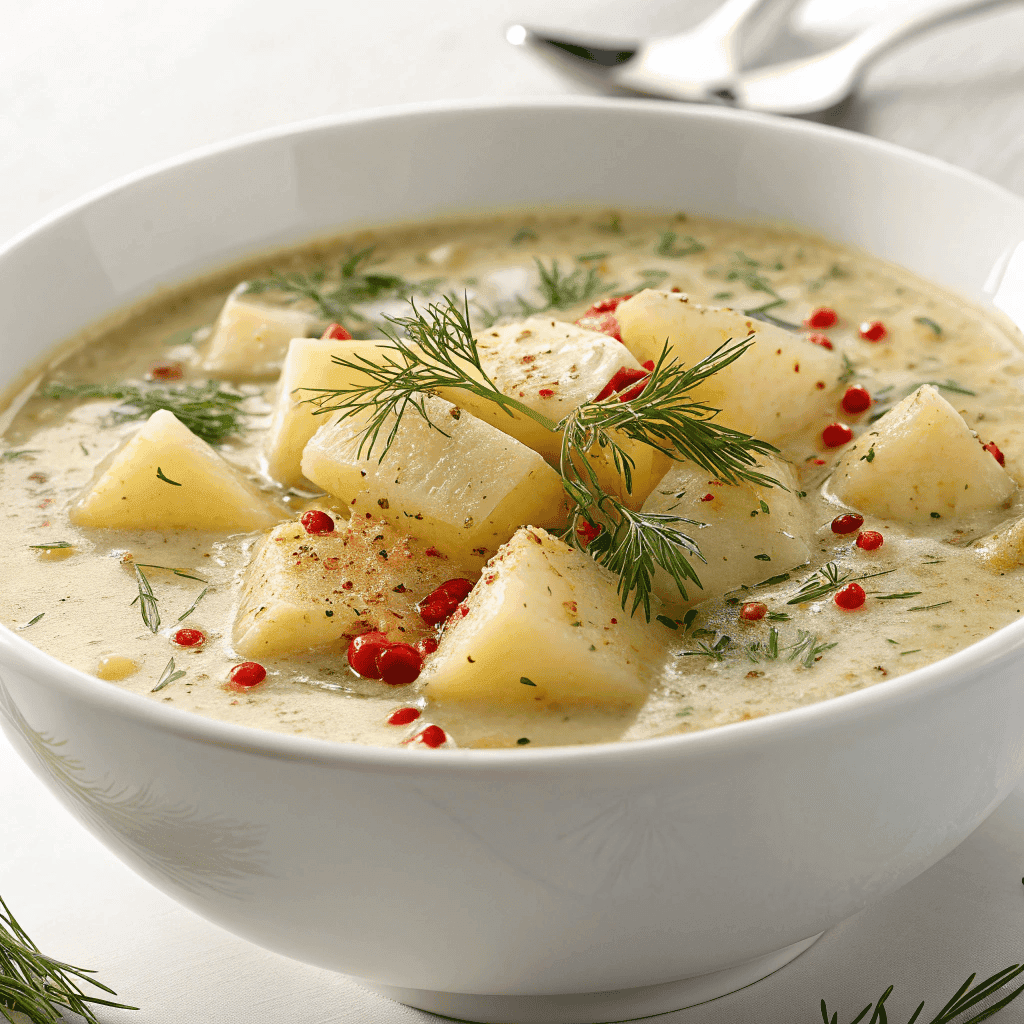 Chunky potato dill soup served in a white bowl with creamy broth