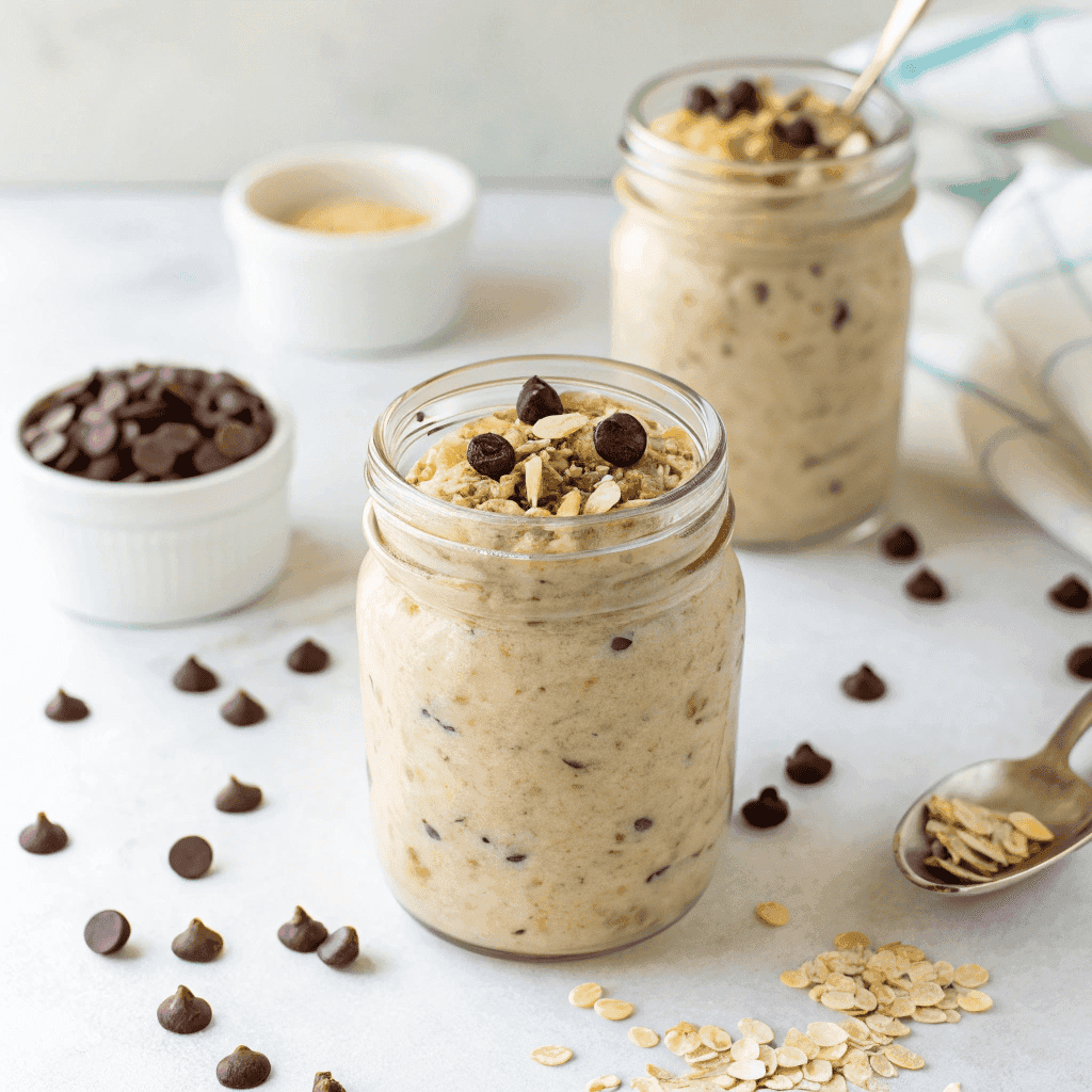 Cookie dough overnight oats with chocolate chips in a clear glass