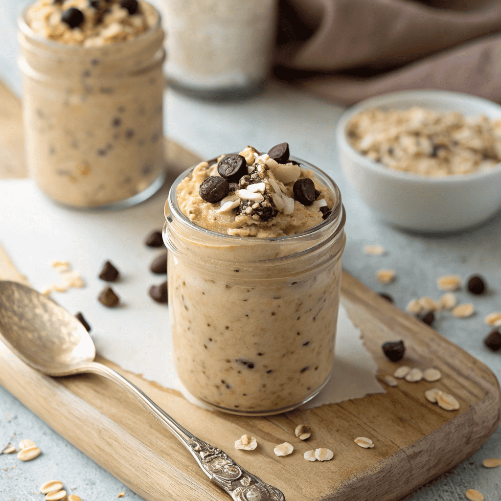 Hero shot of cookie dough overnight oats with chocolate chips in a glass jar