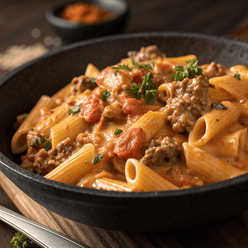 Creamy beef pasta with penne, rich tomato cream sauce, ground beef, and parsley in a dark bowl.