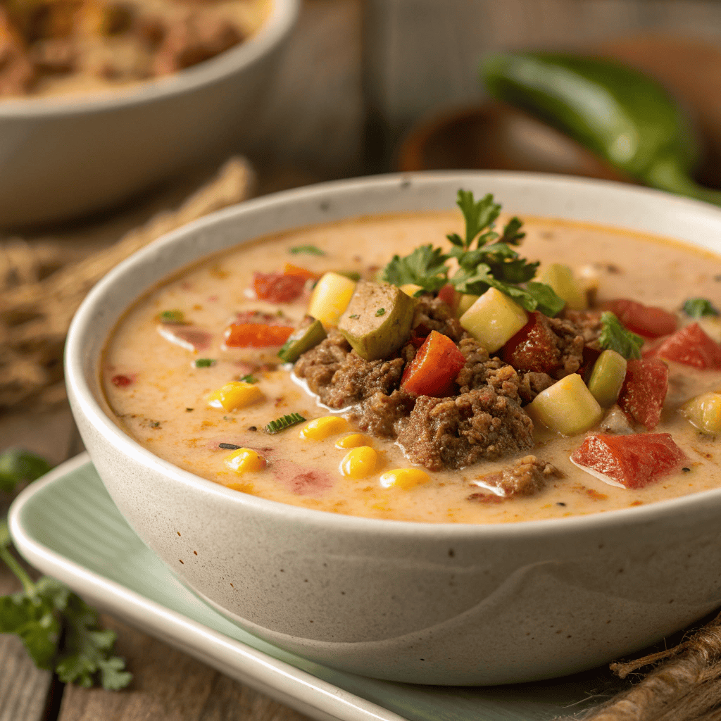 Creamy cowboy soup with ground beef, potatoes, corn, tomatoes, and herbs in a thick orange broth.