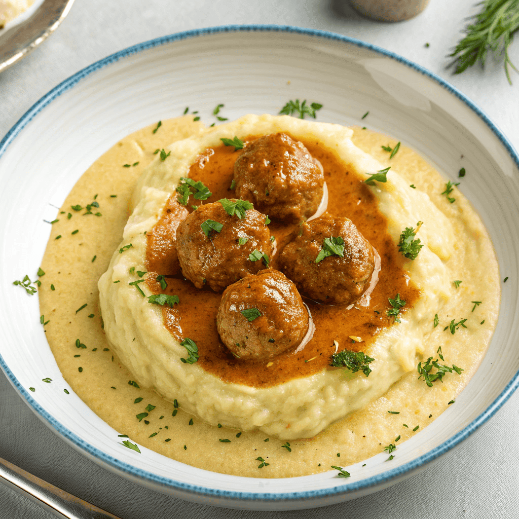Overhead view of creamy homemade meatballs in orange cream sauce served over mashed potatoes.