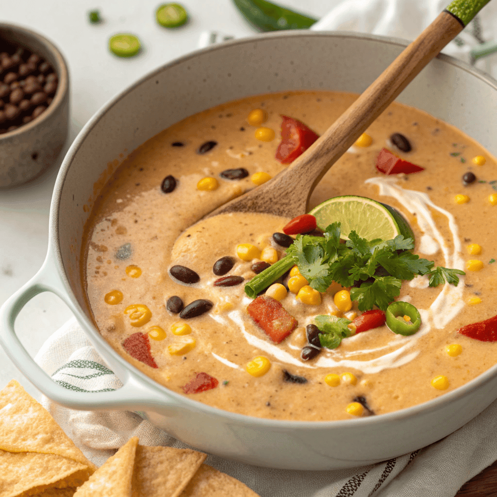 Creamy Taco Soup | Cheesy Southwest Comfort Bowl 4 Overhead view of creamy taco soup with corn, black beans, peppers, herbs, and a wooden spoon.