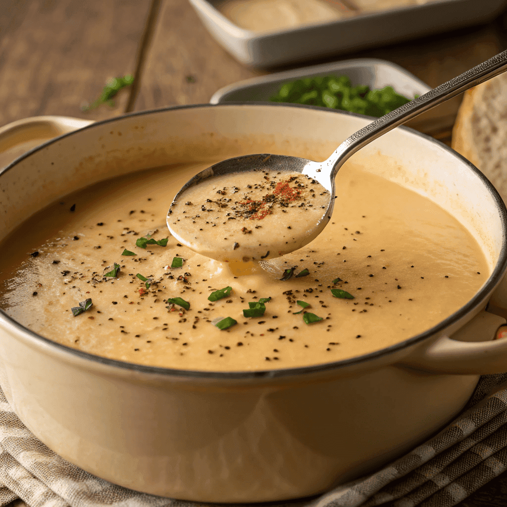 Hero shot of Dolly Parton’s Stampede Soup showing thick creamy texture, pepper specks, herbs, and a ladle in the pot.